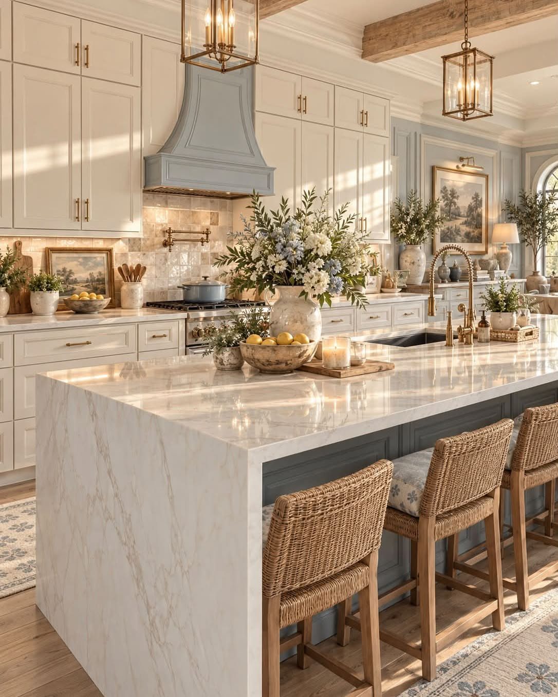 Two-tone kitchen island with white marble top and blue-grey base with wicker stools