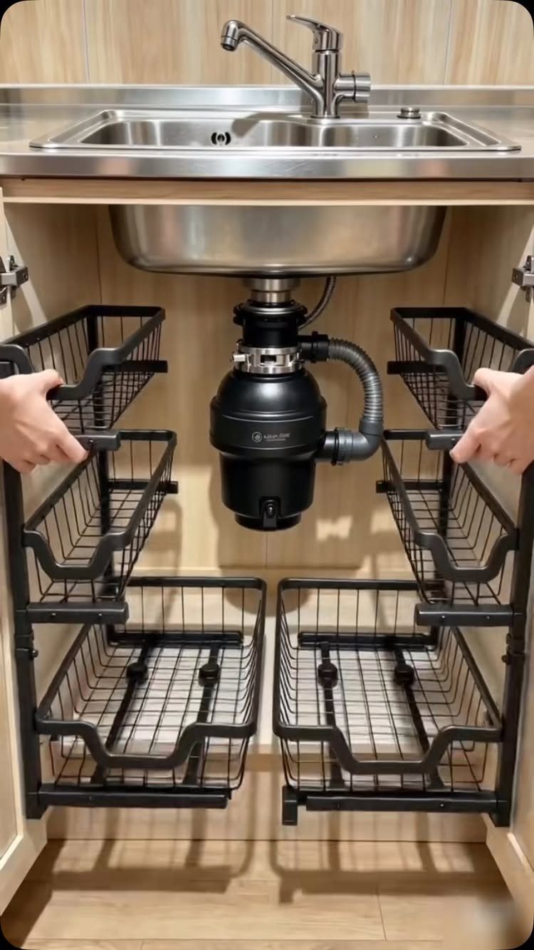 Black wire pull-out baskets installed inside a kitchen sink cabinet around the plumbing.