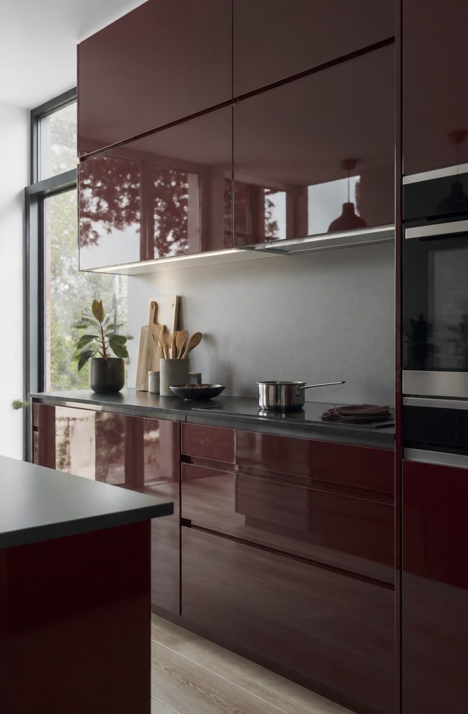 Kitchen with high-gloss acrylic cabinet fronts reflecting light.