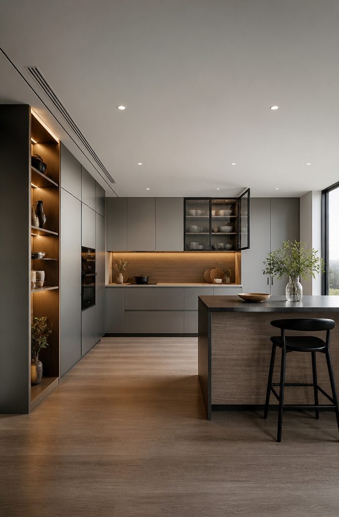 Aluminum cabinetry in a contemporary kitchen with a sleek design.