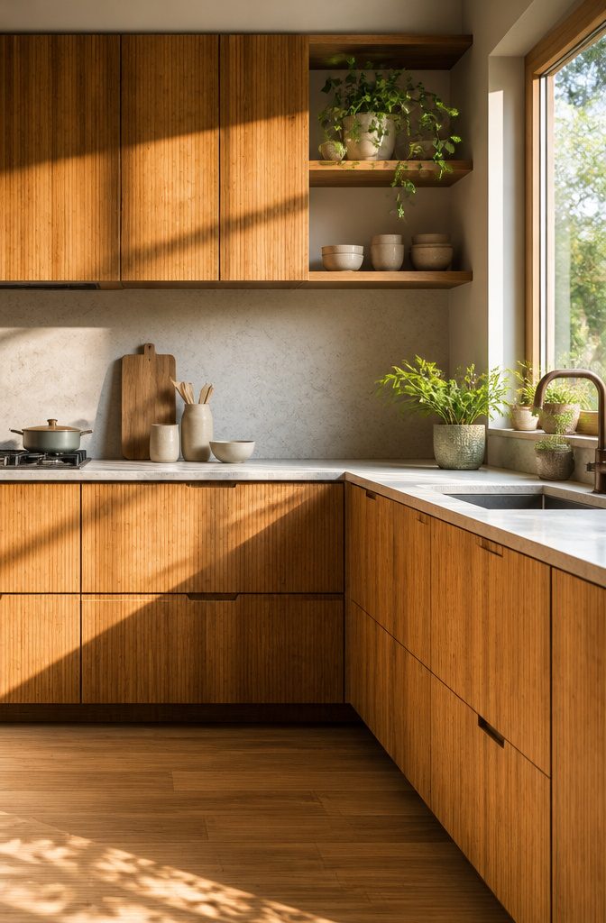 Kitchen with bamboo cabinets and natural warmth from the material.