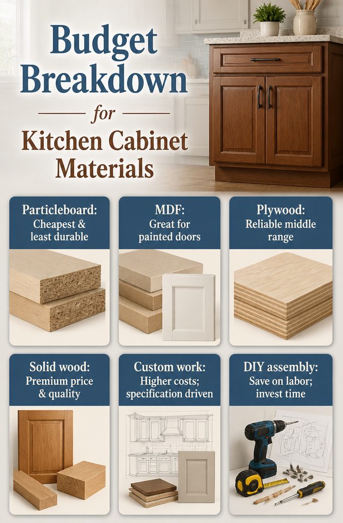 Budget breakdown for various kitchen cabinet materials and their costs.