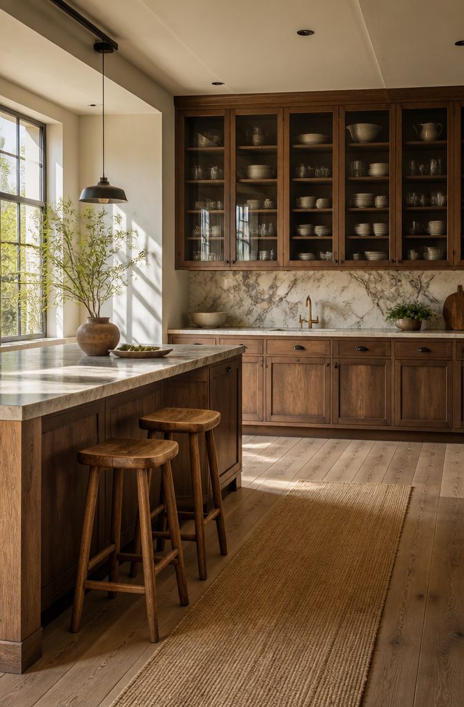 Upper glass cabinets framed with wood to enhance kitchen brightness.