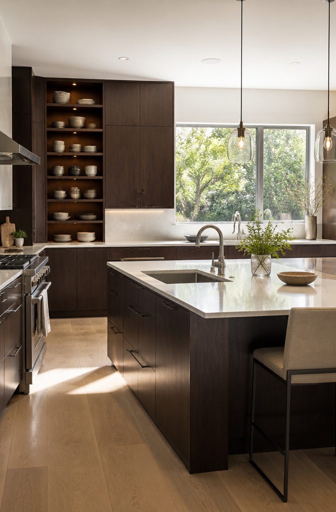 Modern kitchen with high-density fiberboard cabinets in espresso color.