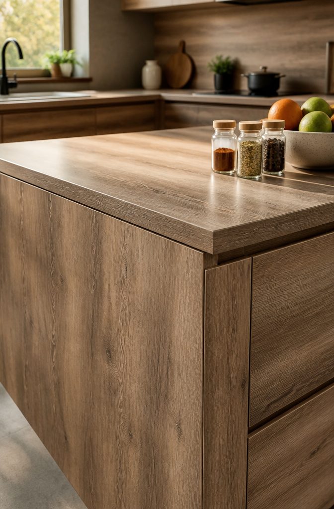 Laminate kitchen countertop with a durable surface and inviting appearance.