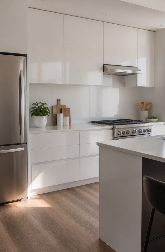 Sleek kitchen with painted MDF cabinets in a glossy white finish.