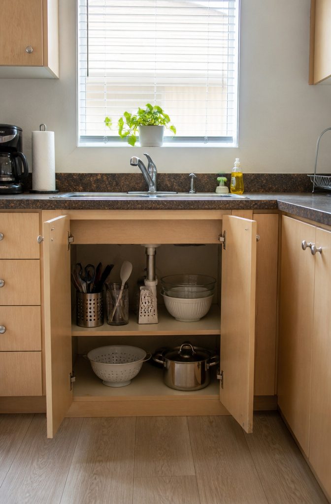 Kitchen setup with particleboard cabinets featuring light wood grain laminate.