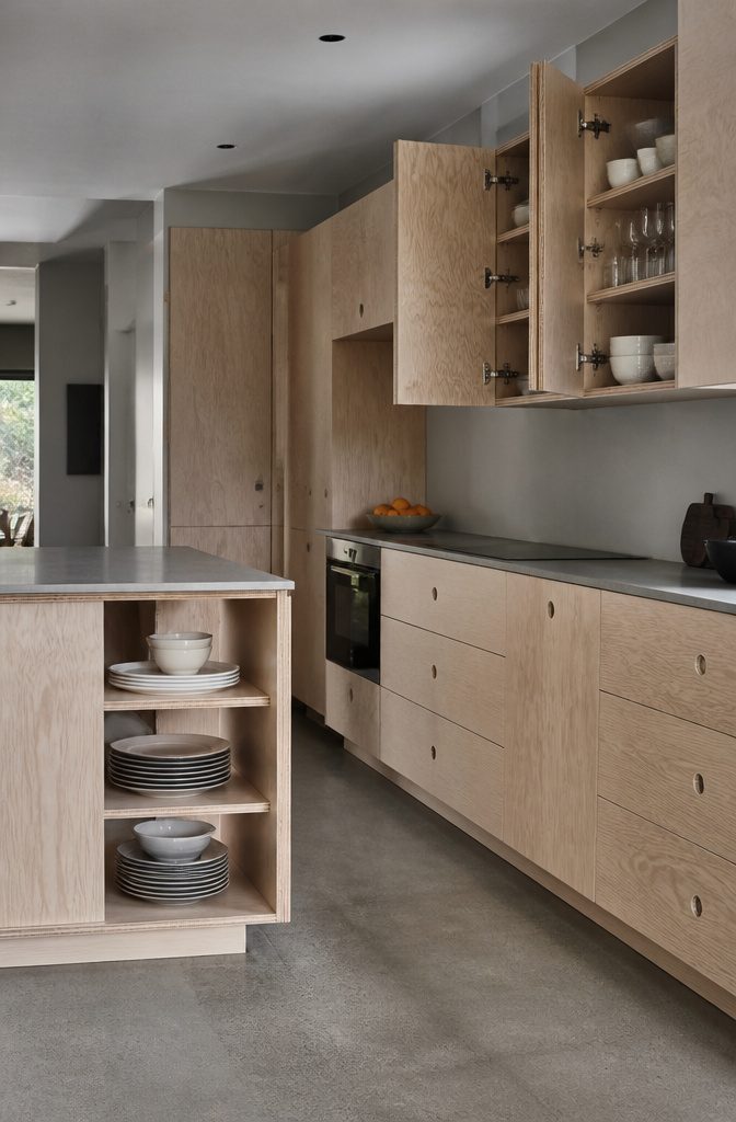View of plywood cabinets with a cross-grain pattern in a modern kitchen.