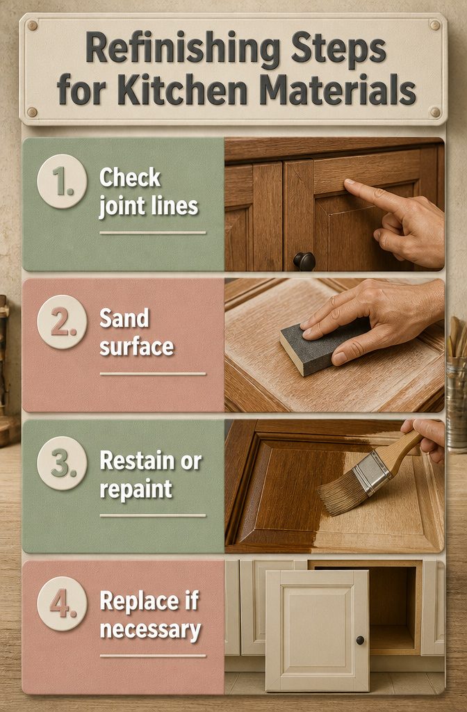 Steps for refinishing kitchen materials, focusing on solid wood cabinets.