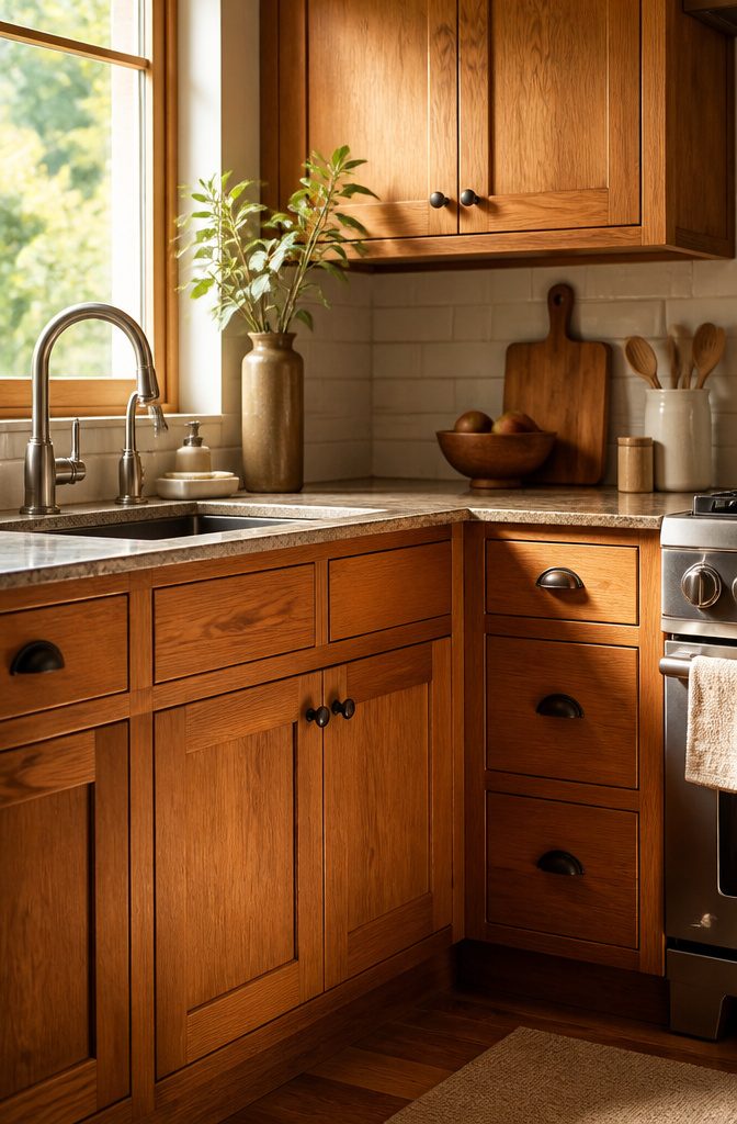 Close-up of solid wood kitchen cabinets with oak doors in a warm finish.