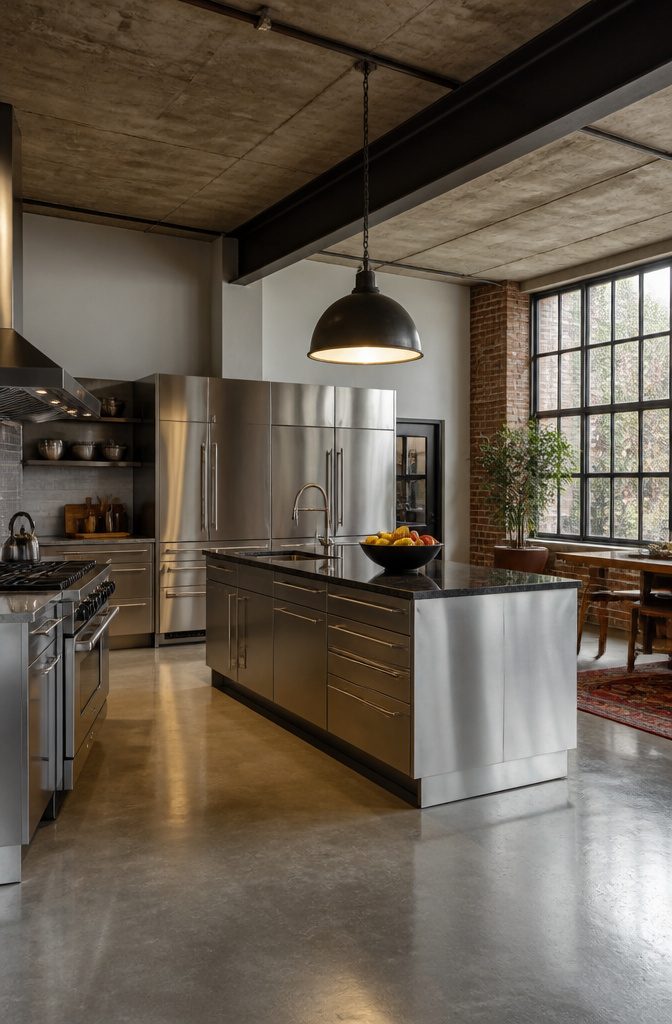 Kitchen with stainless steel cabinets reflecting a contemporary design.