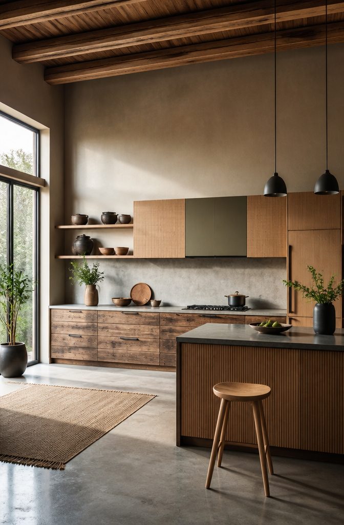 Display of sustainable kitchen materials, including bamboo and reclaimed wood.