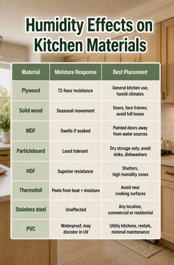 Chart detailing humidity effects on various kitchen cabinet materials.