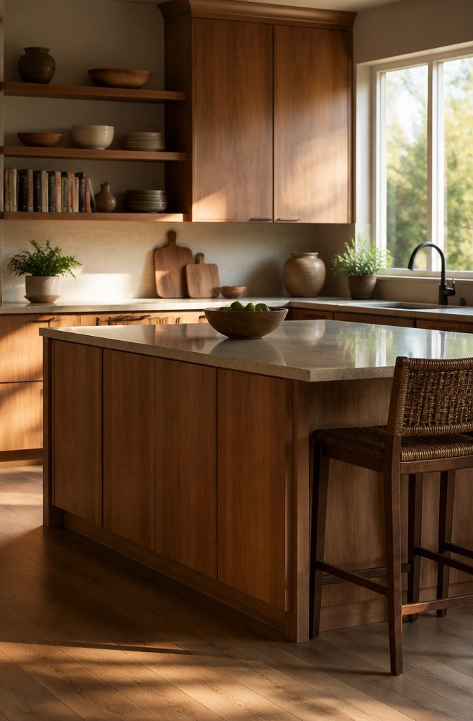 Polished kitchen with wood veneer cabinetry wrapped around an island.