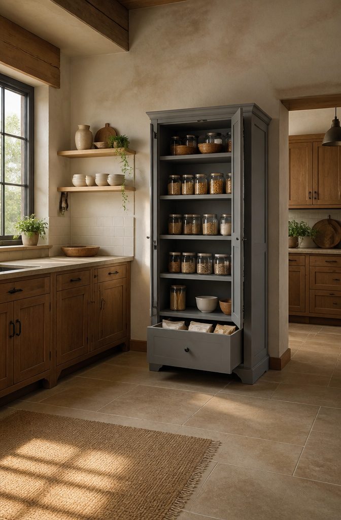 A freestanding kitchen pantry cupboard with five tiers of adjustable shelves.