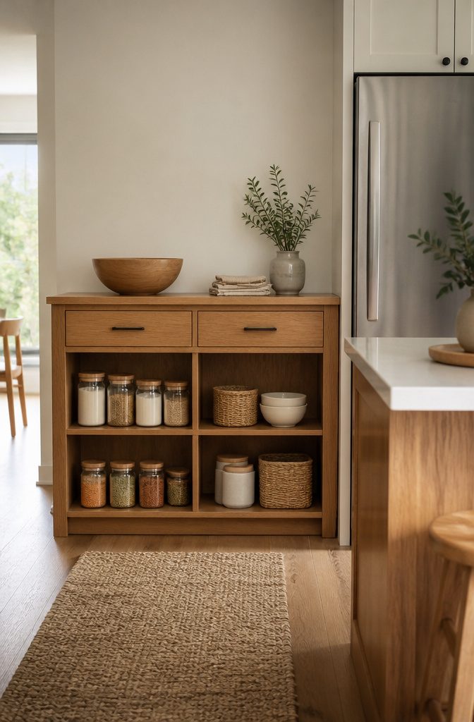 A kitchen buffet with a clear surface and lower shelves for storage.