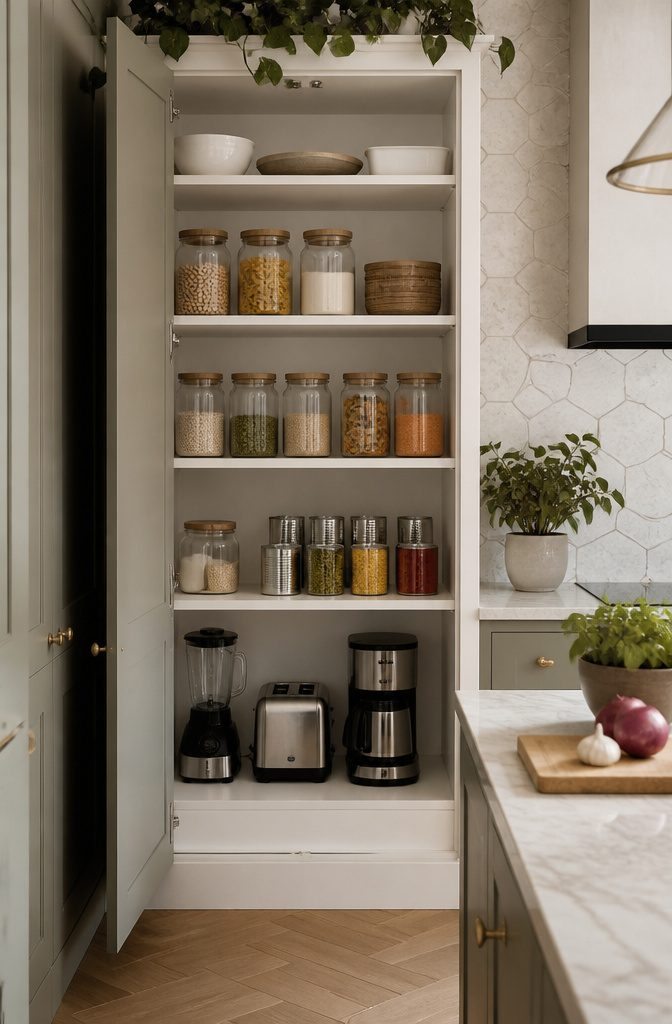 A kitchen cupboard with five adjustable shelves filled with food items.