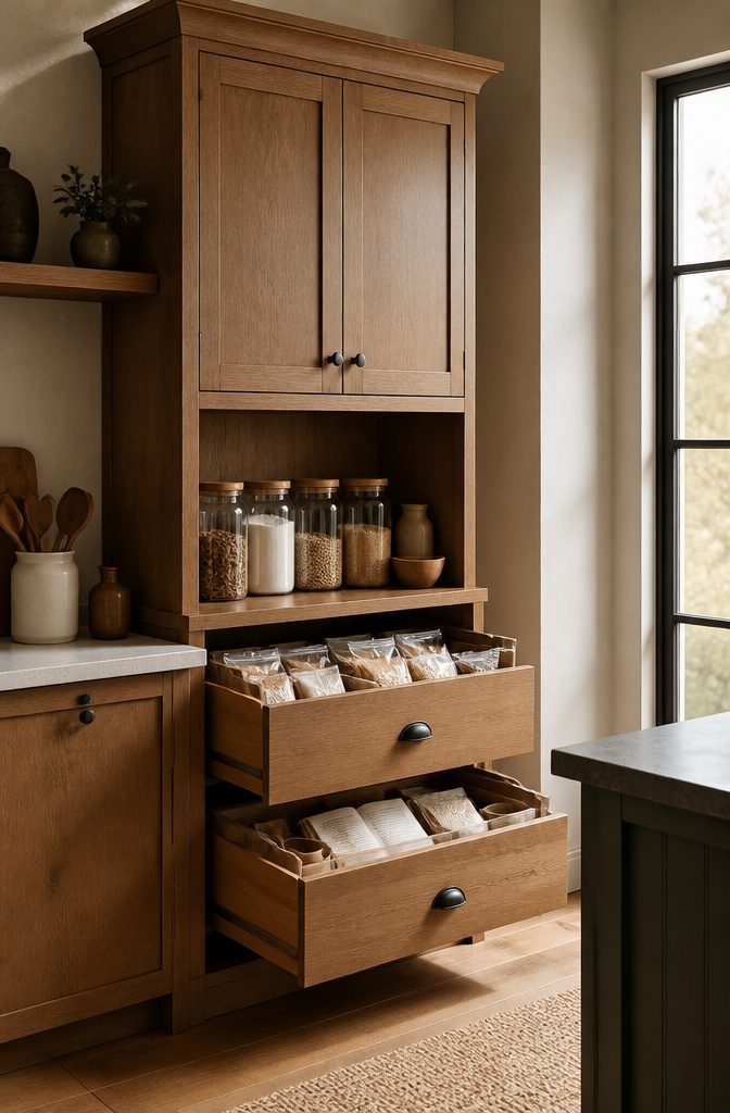 A kitchen pantry cupboard with lower drawers showcasing organized items.