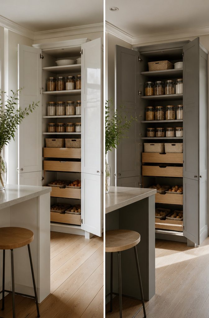 A kitchen pantry cupboard in grey with a sleek finish.