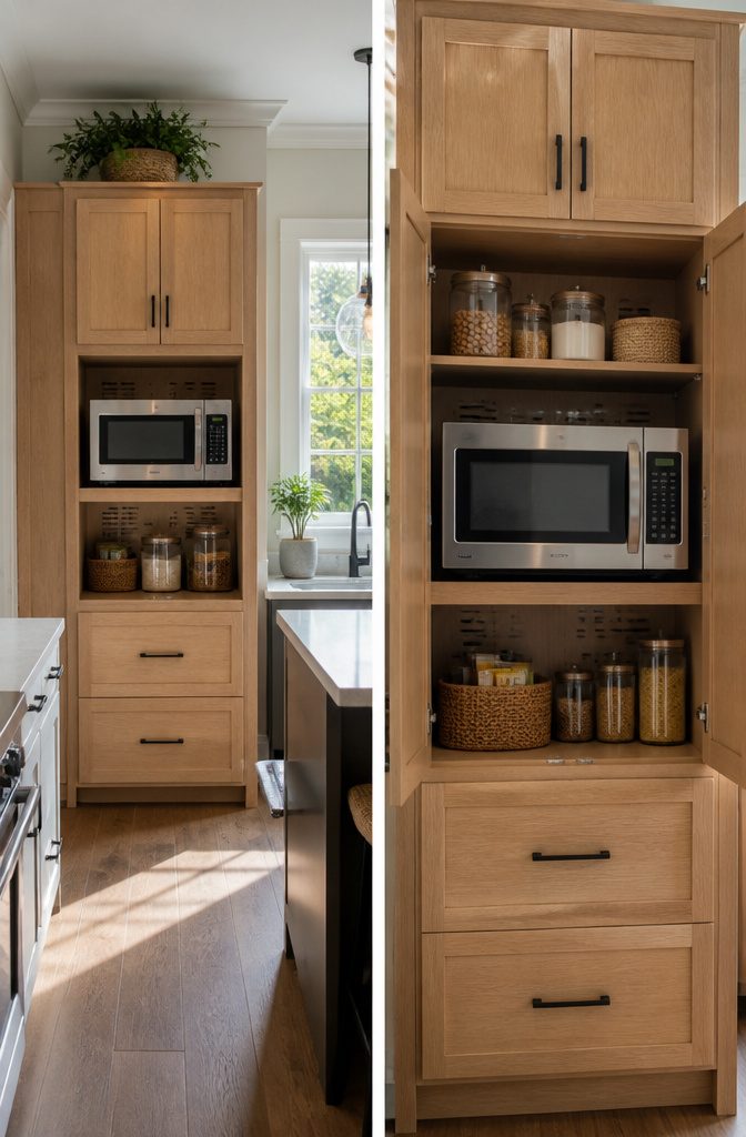 A pantry cupboard with a designated shelf for a microwave.
