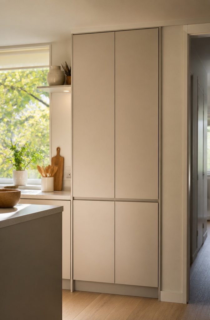 A pantry cabinet featuring a built-in power outlet for small appliances.