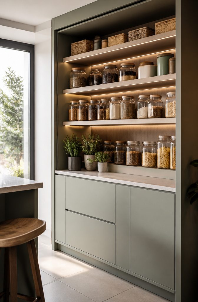A kitchen pantry cupboard with LED lights illuminating jars and bags.