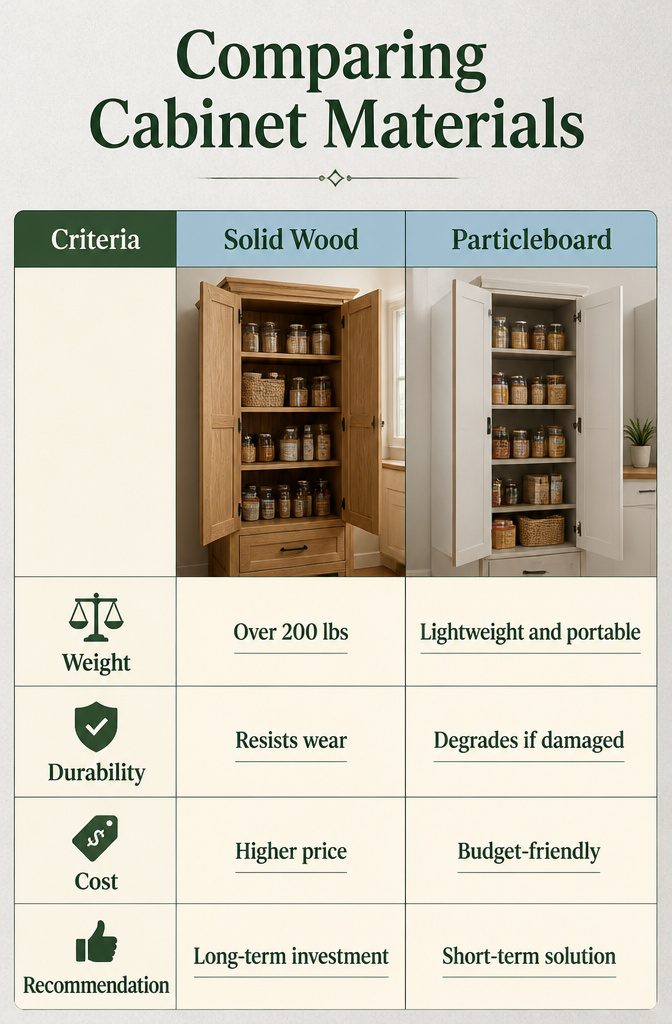 A comparison of cabinet materials for kitchen cupboards.
