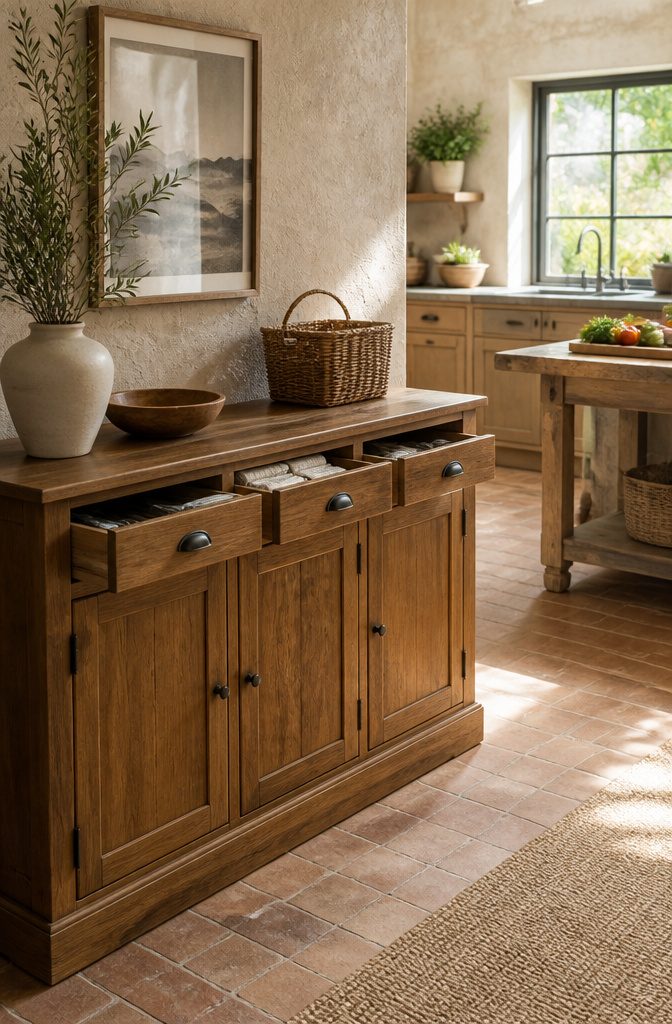 A wooden sideboard kitchen cabinet with three drawers and three doors.