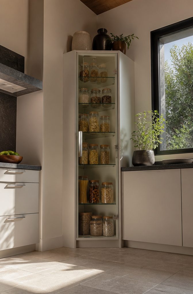A tall kitchen pantry cupboard designed for maximizing vertical storage.