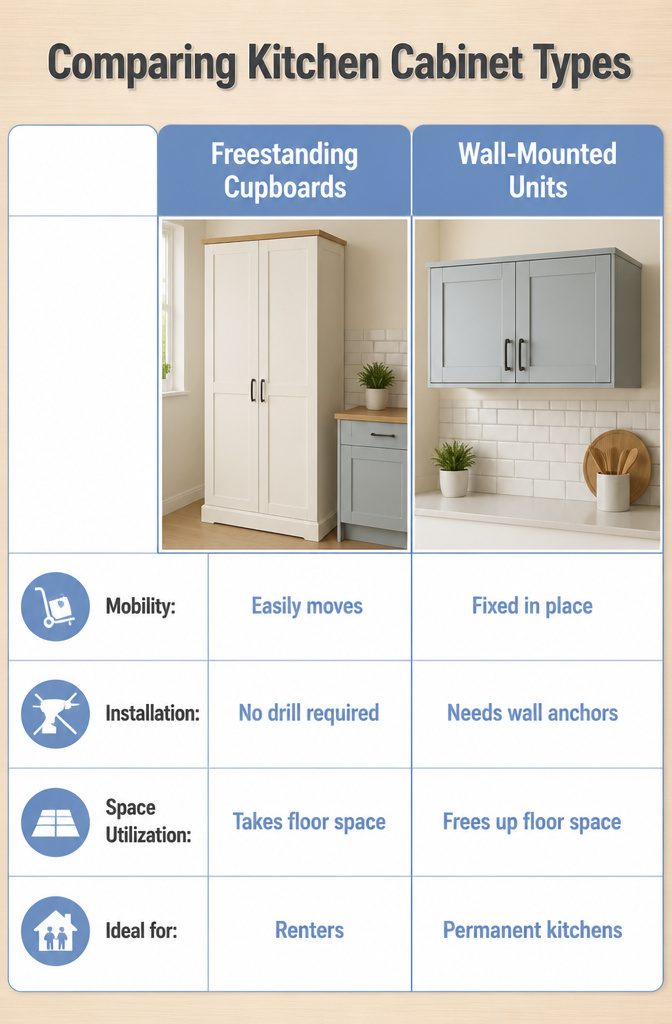 An informational image comparing various kitchen cabinet types.