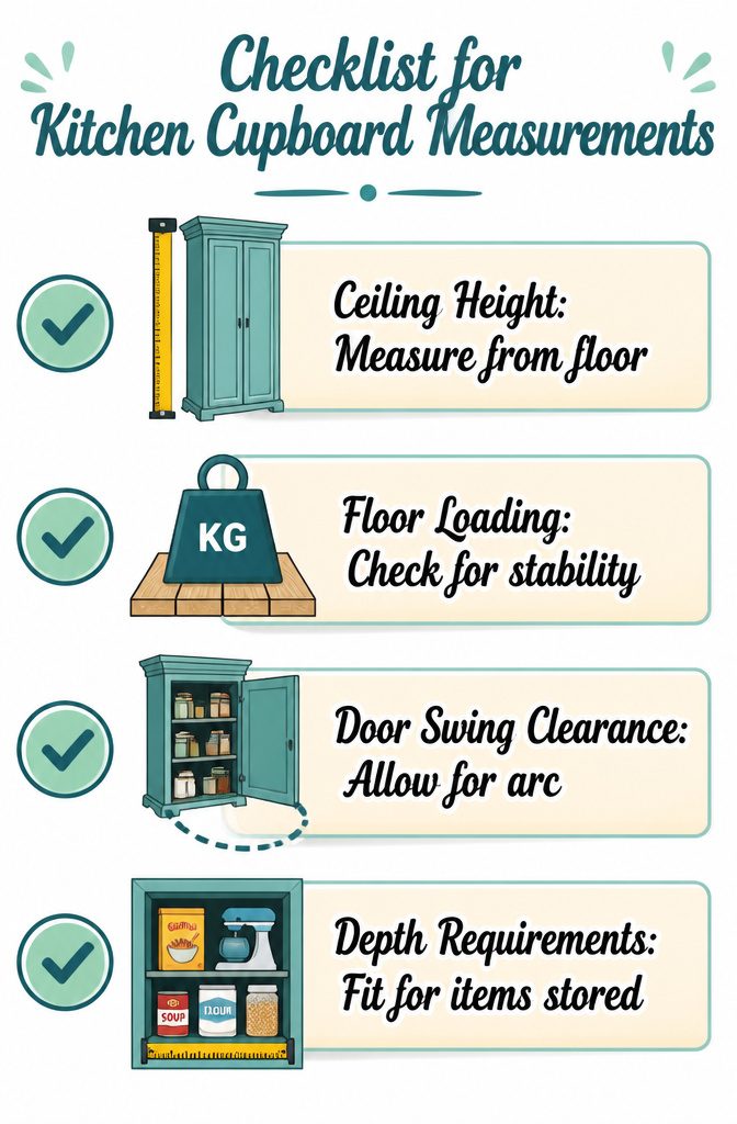 A checklist of measurements needed before purchasing a kitchen cupboard.