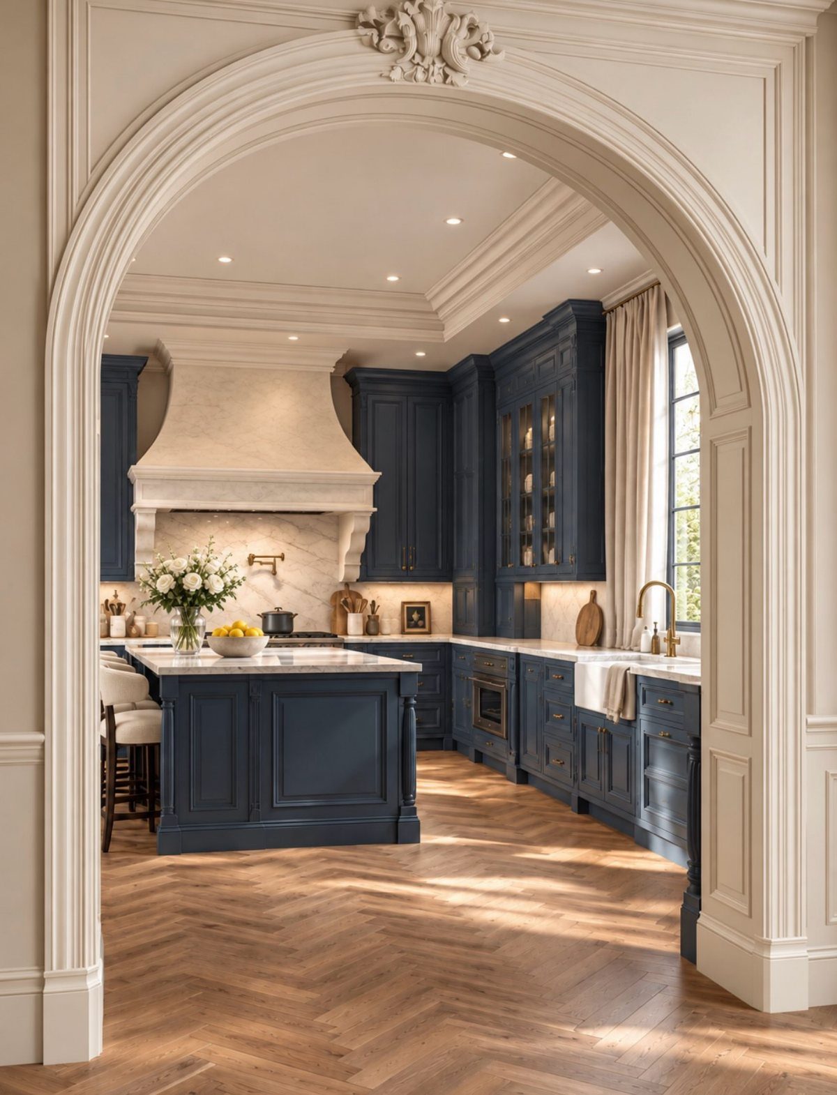 Navy blue kitchen cabinets and island with white marble surfaces and herringbone wood floors.
