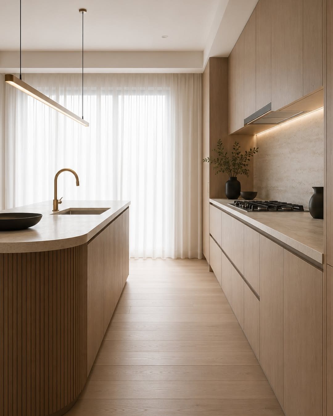 Modern kitchen with light wood cabinets, curved island, and minimalist gold faucet.