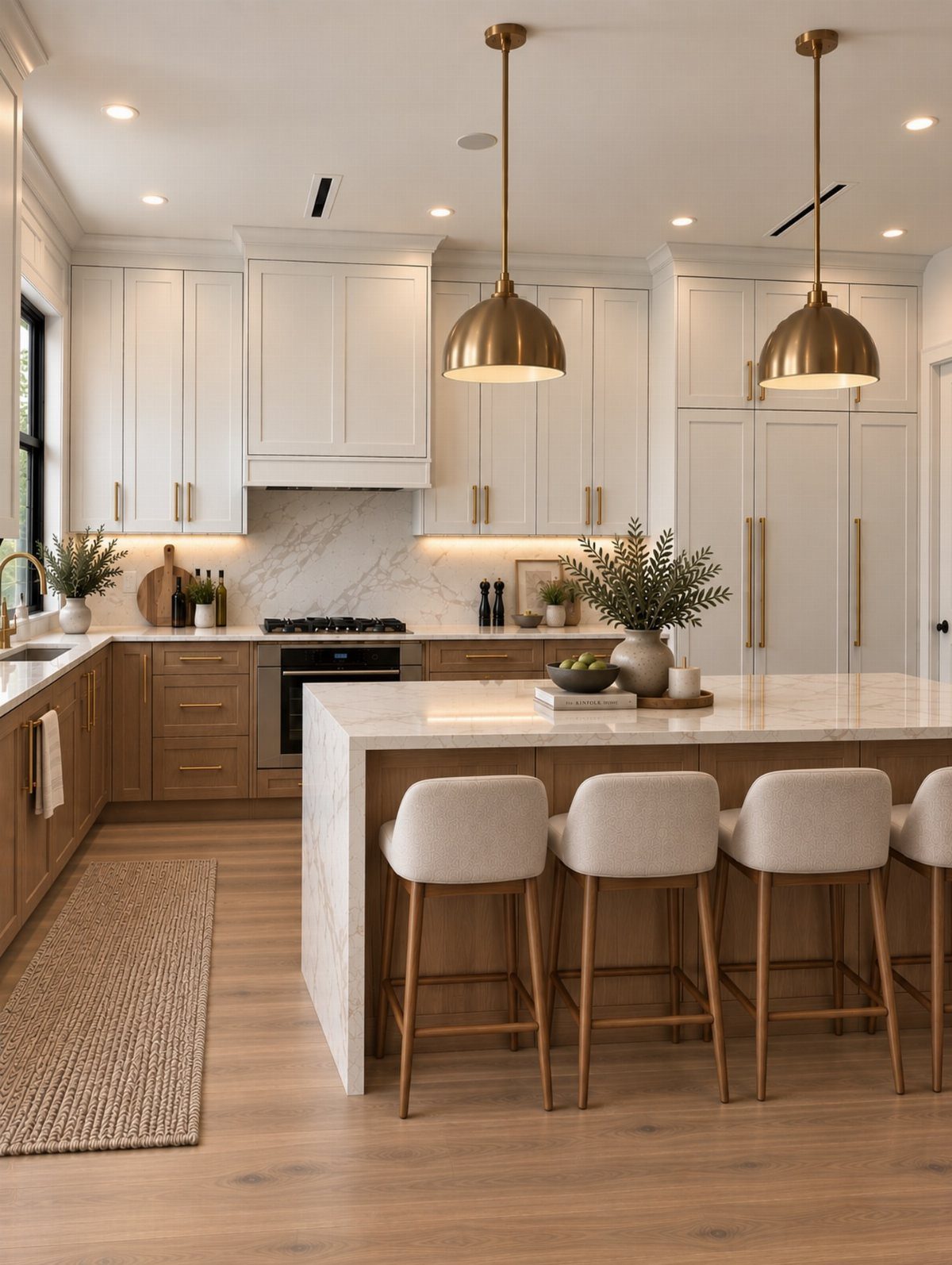 White marble kitchen island with beige bar stools and gold pendant lighting.