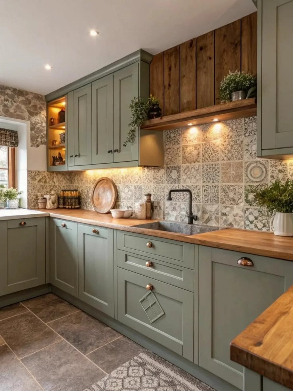 Sage green kitchen cabinets with wooden countertops and a patterned tile backsplash.