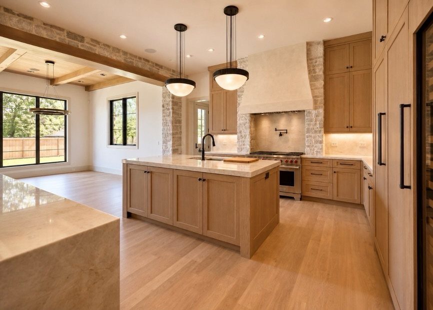 Light wood kitchen with panel-ready appliances, white stone countertops, and black pendant lighting.