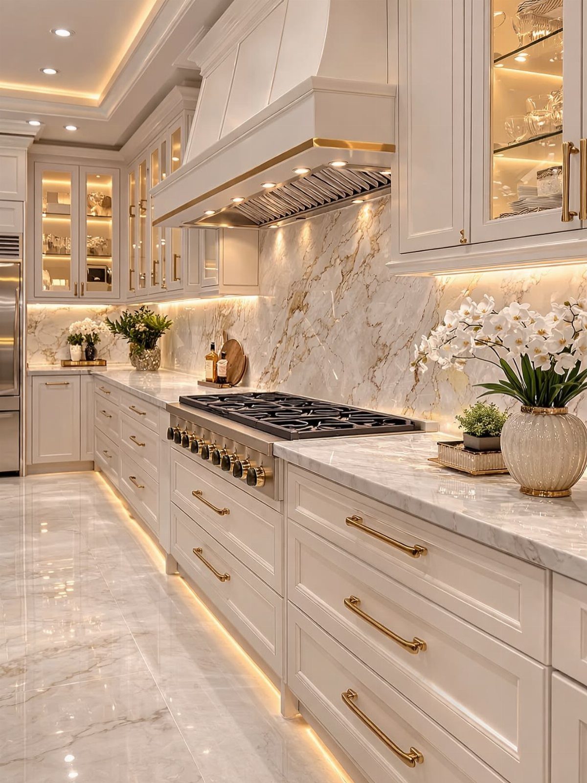 Luxury white kitchen with marble surfaces, gold hardware, and warm integrated lighting.