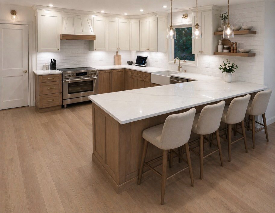 Two-toned kitchen with white upper cabinets, wood lower cabinets, and a large white island.