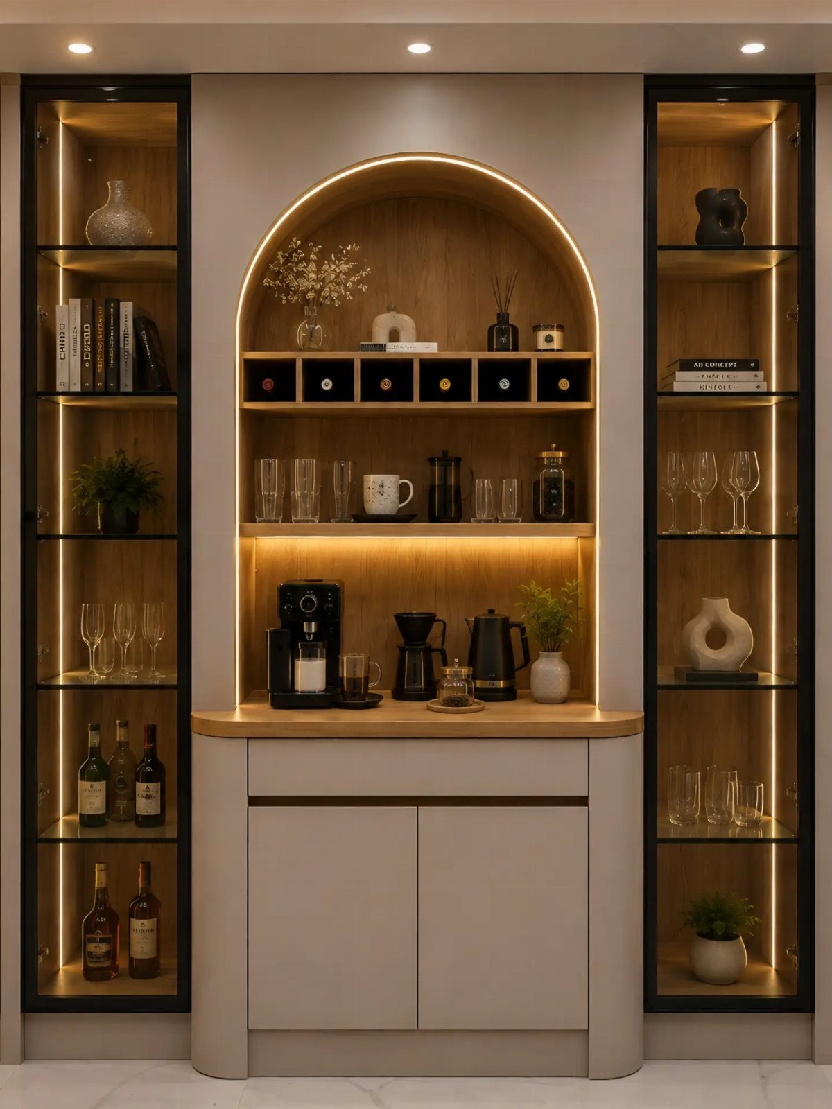 Modern built-in coffee station with an arched alcove and illuminated side shelving.