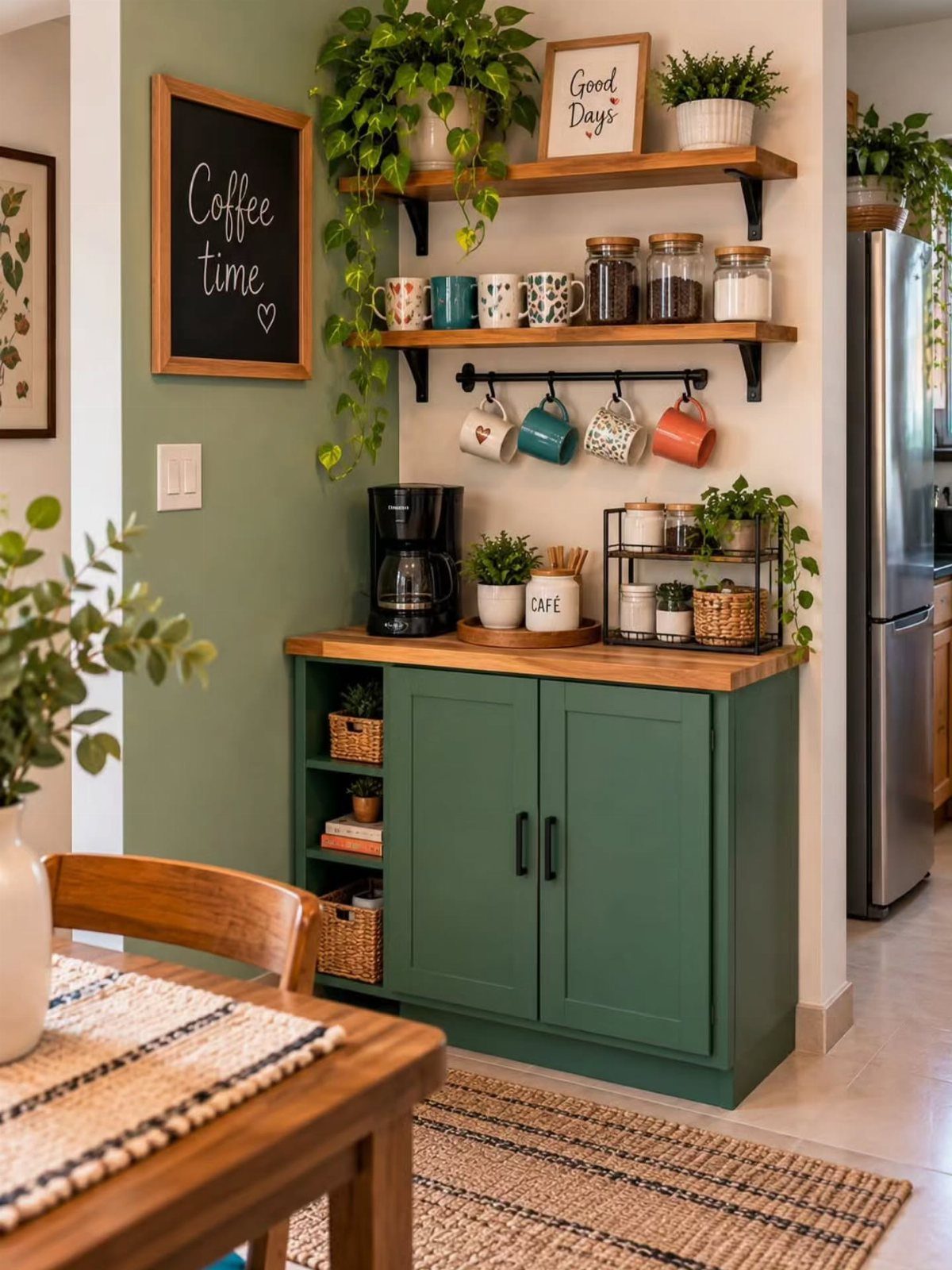Green coffee station cabinet with wooden shelves, mugs, plants, and a chalkboard sign.