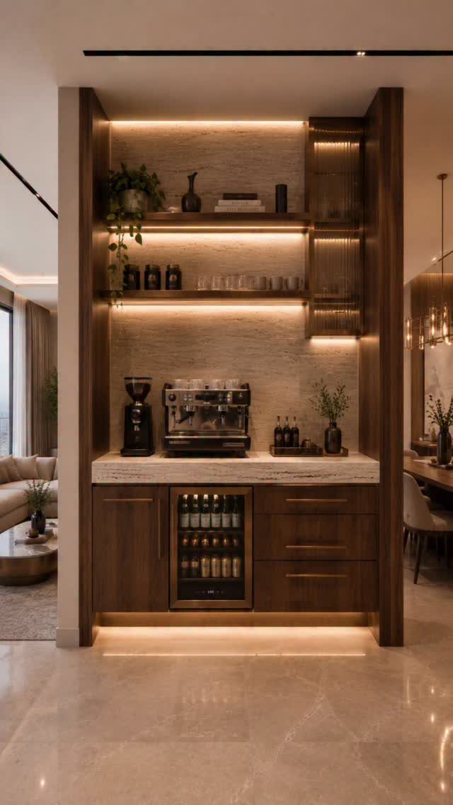 Modern built-in coffee station with dark wood cabinets, espresso machine, and warm lighting.