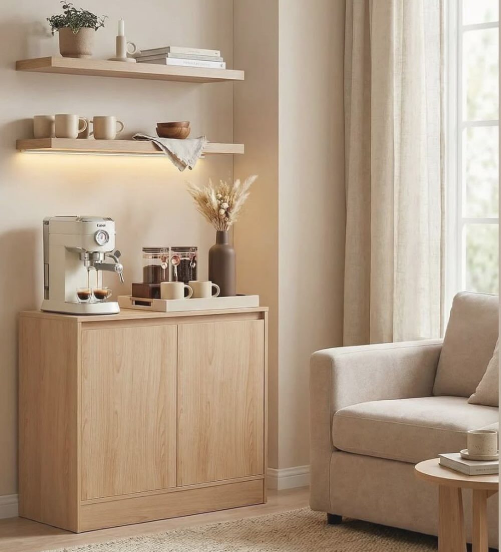 Light wood coffee station cabinet with espresso machine and floating shelves in a living room
