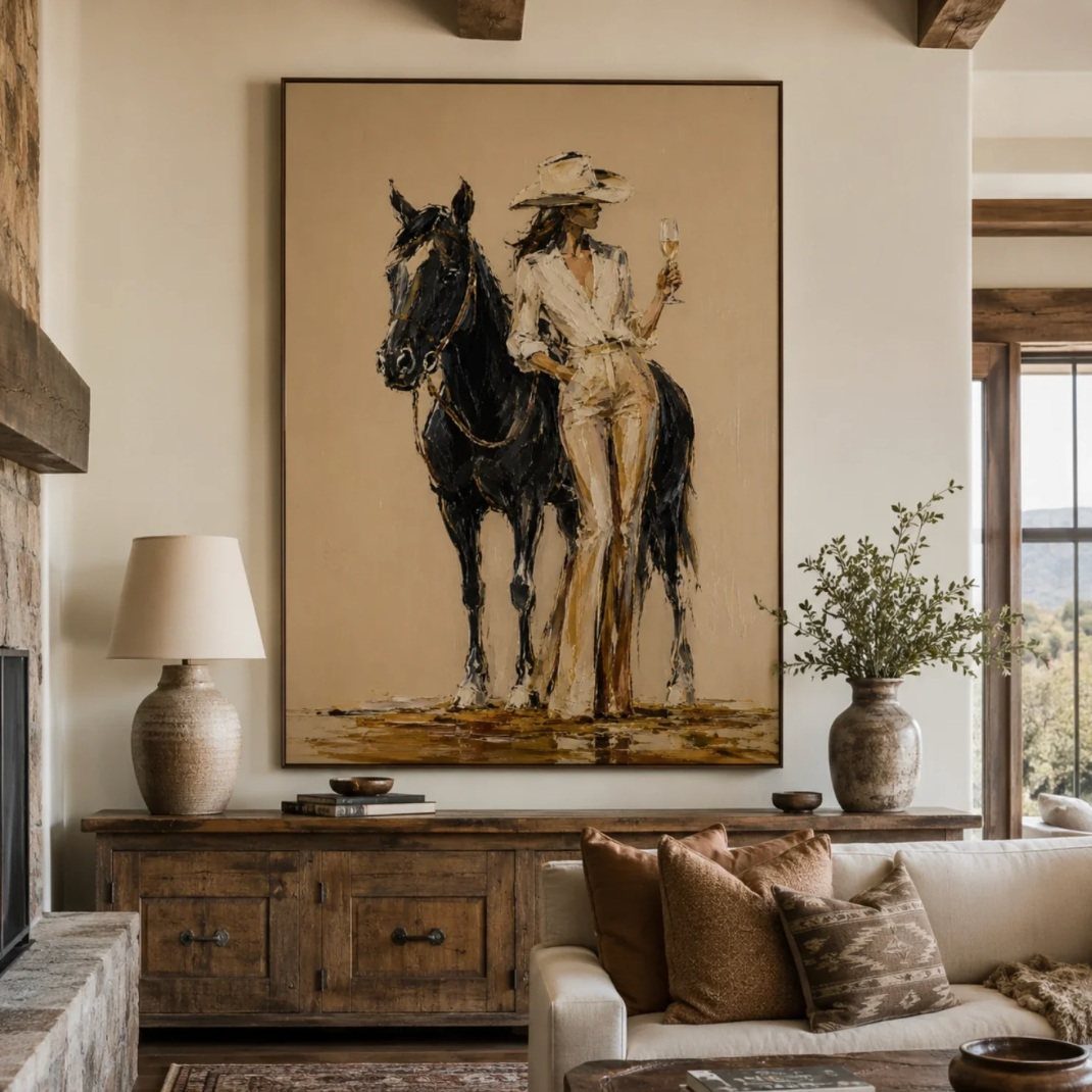 Large painting of a woman and horse hanging above a rustic wooden sideboard.