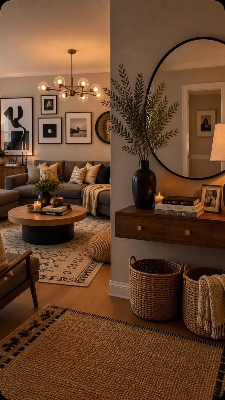 Modern living room featuring a gold sputnik chandelier, circular mirror, and framed wall art.