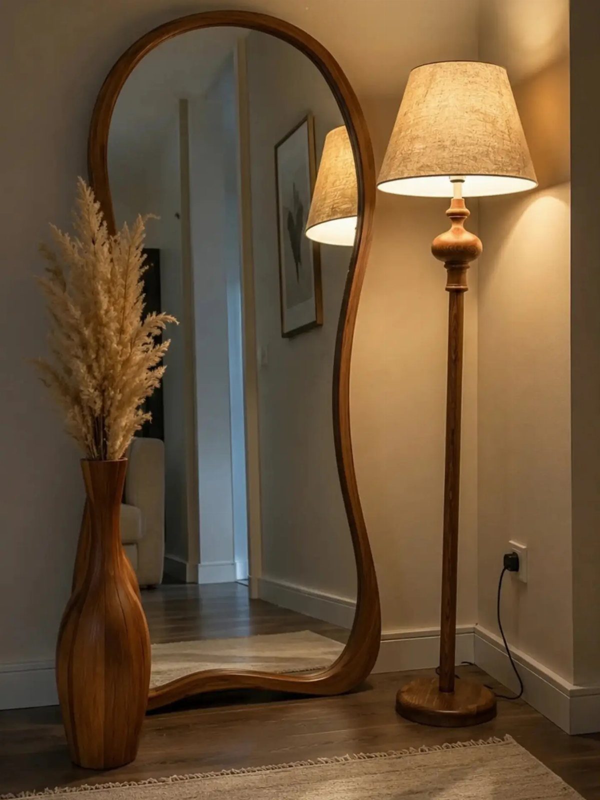 Asymmetrical wooden framed mirror leaning against a wall next to a floor lamp.