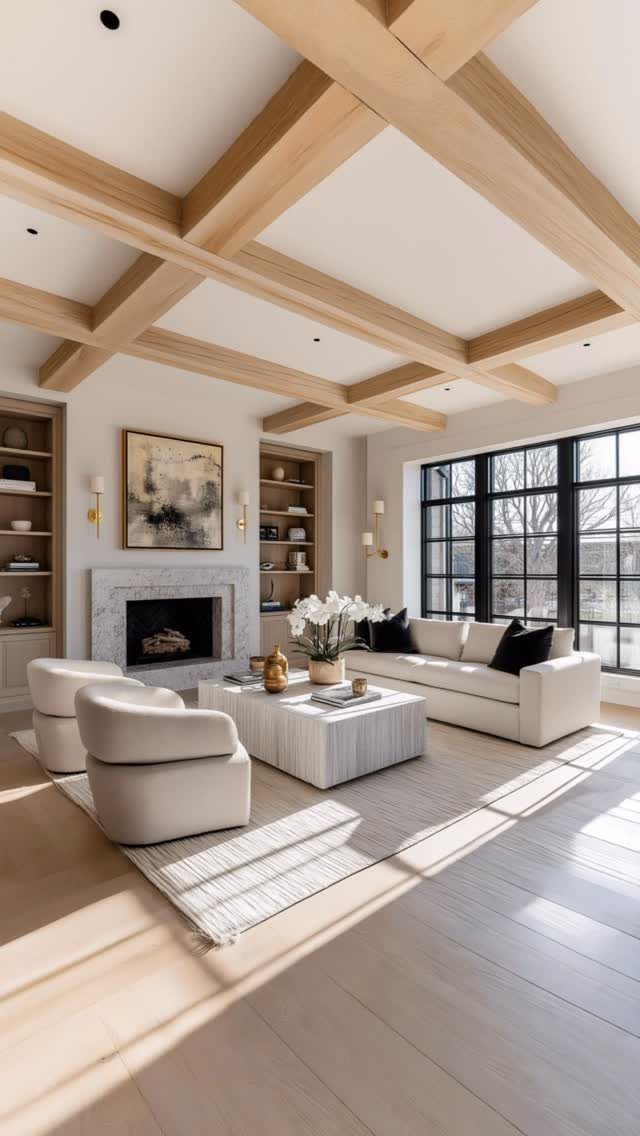 Modern farmhouse living room featuring a neutral color palette with cream and wood tones.