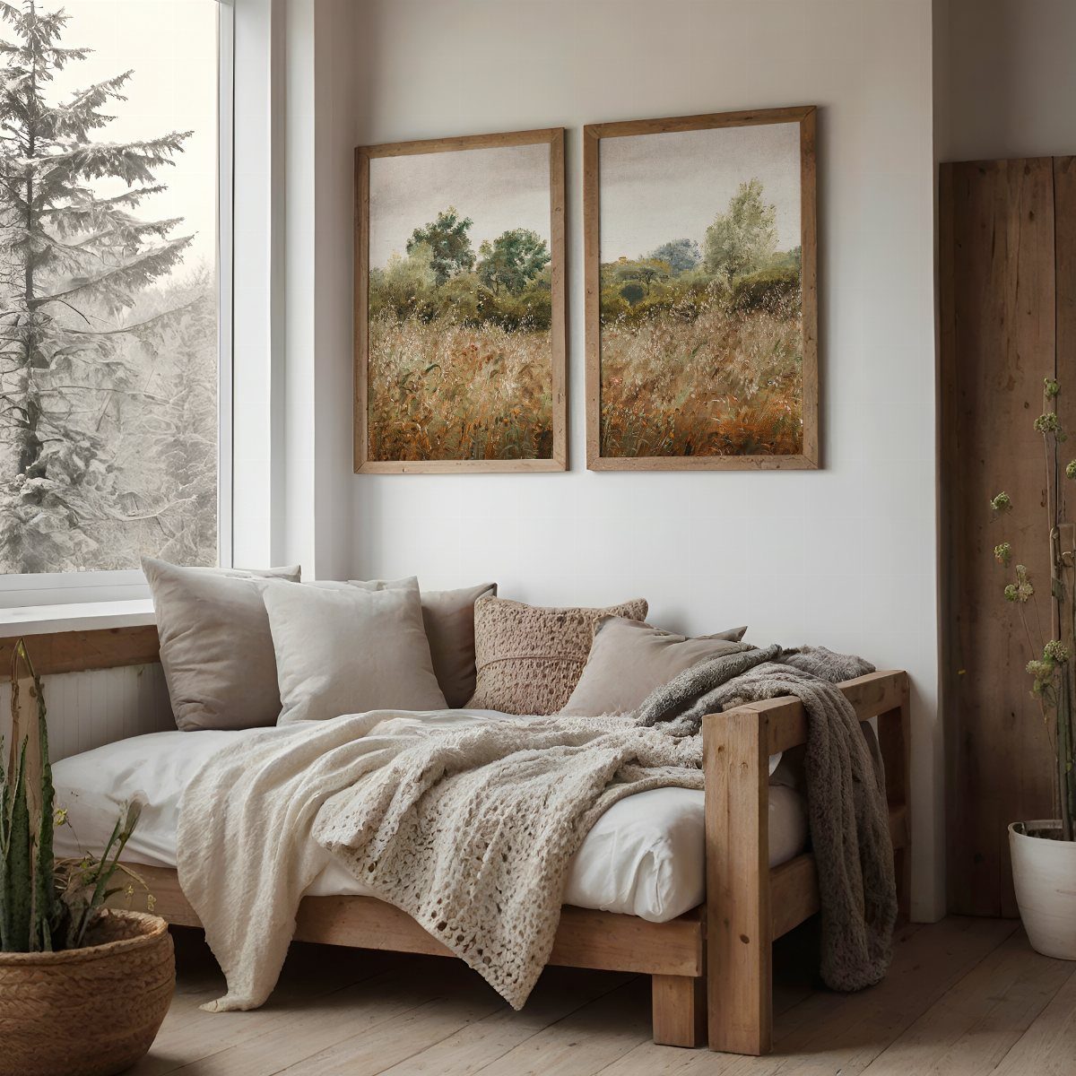 Two framed landscape paintings of golden fields above a wooden daybed in a room.