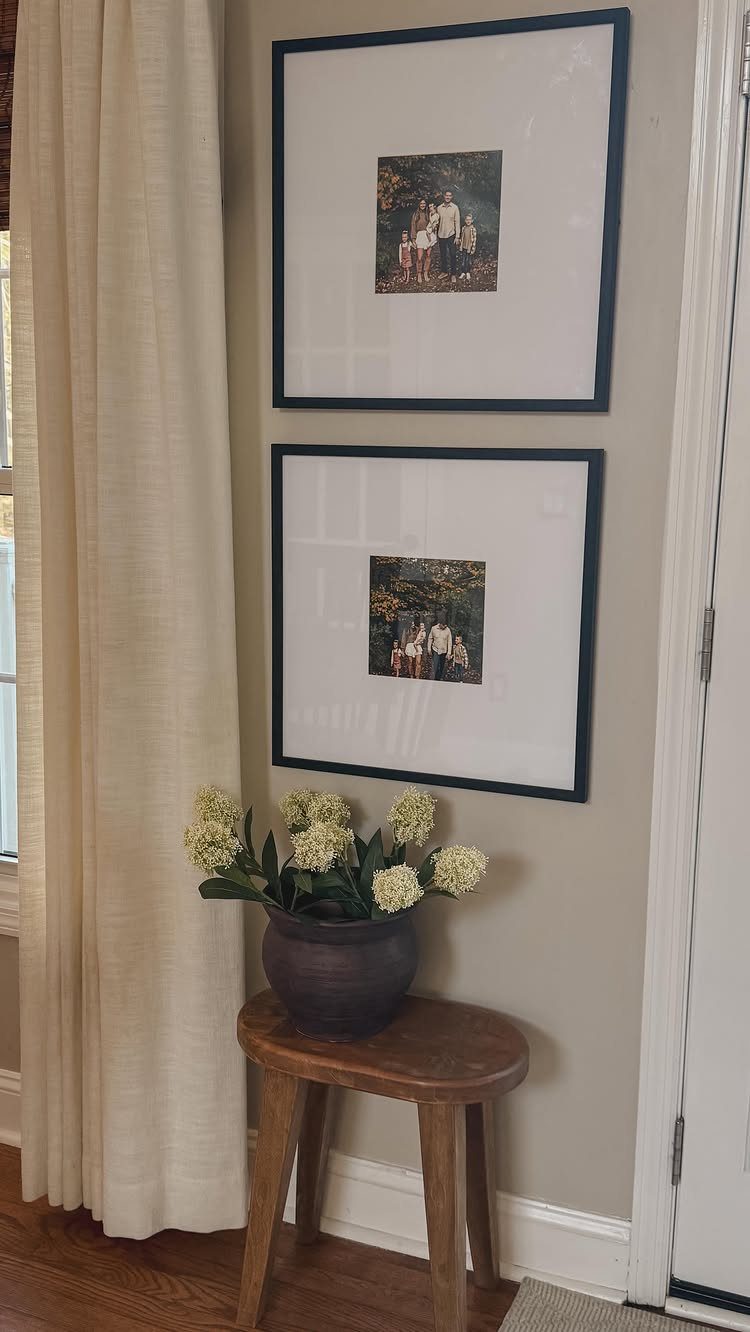 Two black-framed photos hung vertically on a beige wall above a flower pot.