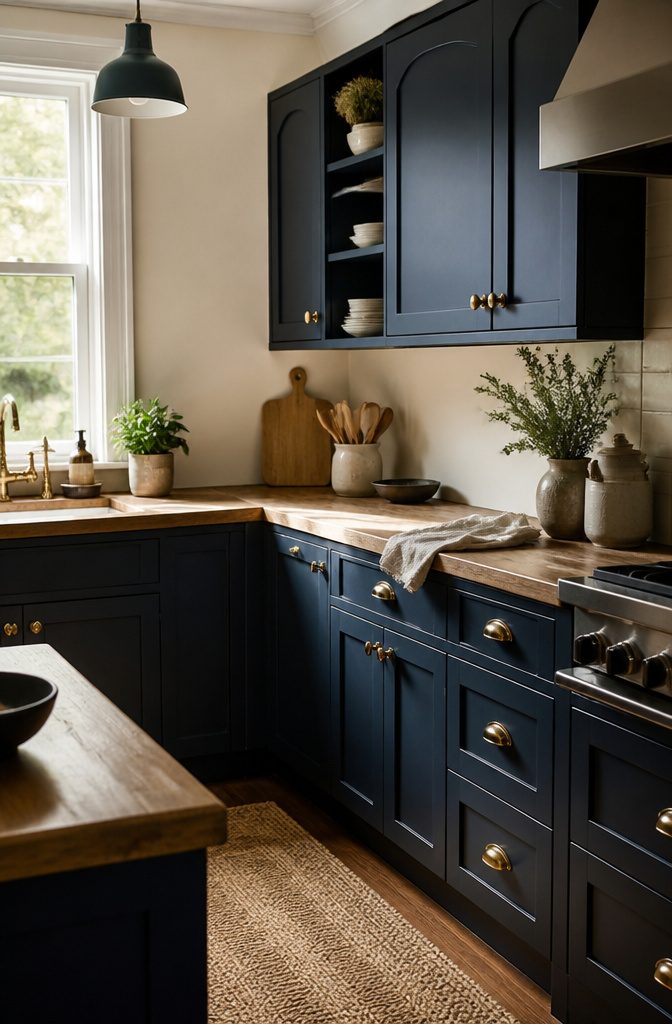 Organized kitchen with navy blue cabinets and wooden countertop.