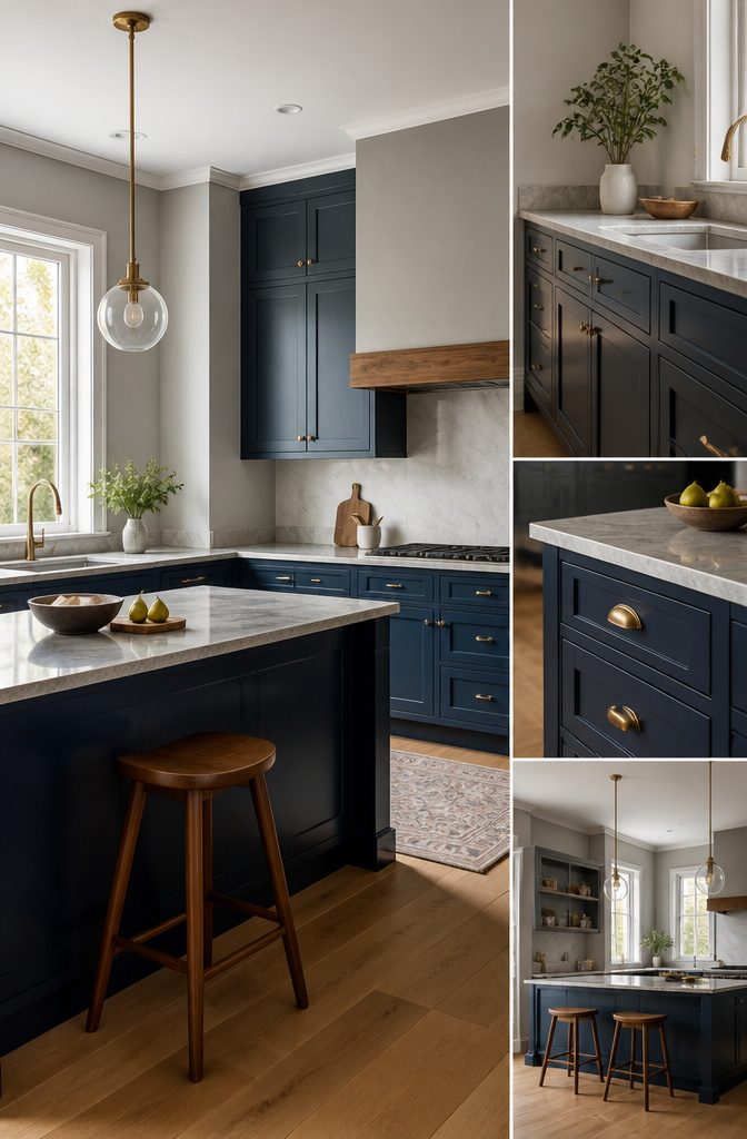 Dark Navy and Gentleman's Gray paint samples on kitchen cabinetry.